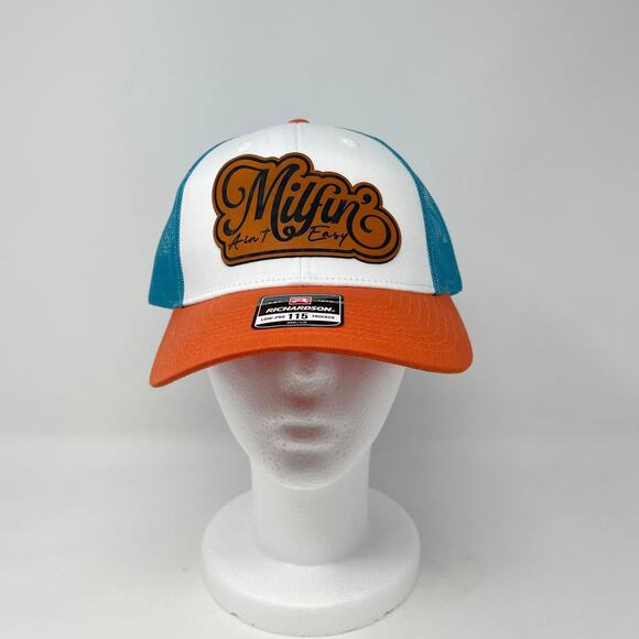 Richardson Milfin Aint Easy Leather Patch Low Pro 115 Trucker Hat Orange Blue - Picture 1 of 8